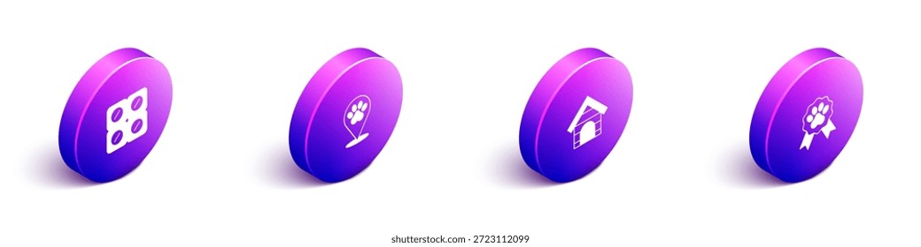 Set Isometrische Hundepille, Standort Tierklinik, Haus und Haustier Award Symbol Symbol. Vektorgrafik