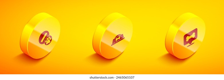 Set Isometric Dog pill, Pet food bowl and bone icon. Vector