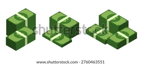 Set of isometric dollar banknote stacks with bundled cash variations in flat design style, ideal for finance apps, banking UI, ecommerce visuals and commercial projects.