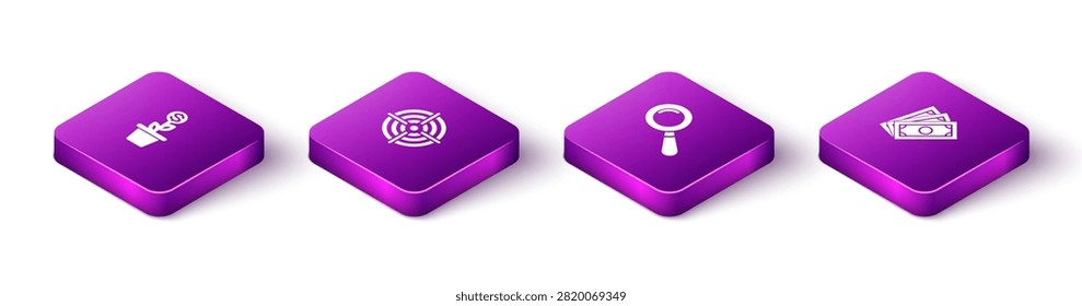 Set Isometric Dollar plant in the pot, Target sport, Magnifying glass and Stacks paper money cash icon. Vector