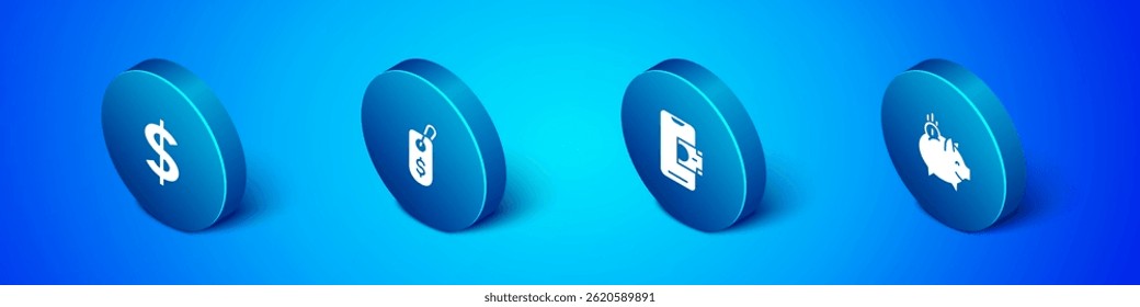 Set Isometric Dollar symbol, Mobile banking, Piggy with coin and Price tag dollar icon. Vector