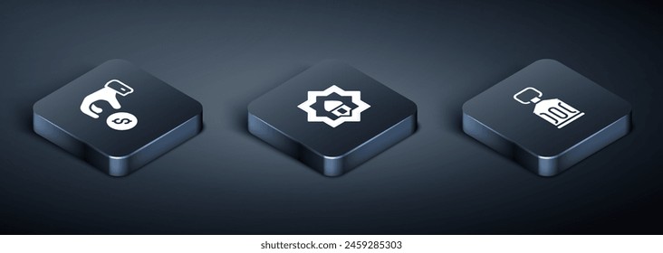 Set Isometric Donate or pay your zakat, Ramadan Kareem lantern and Muslim Mosque icon. Vector