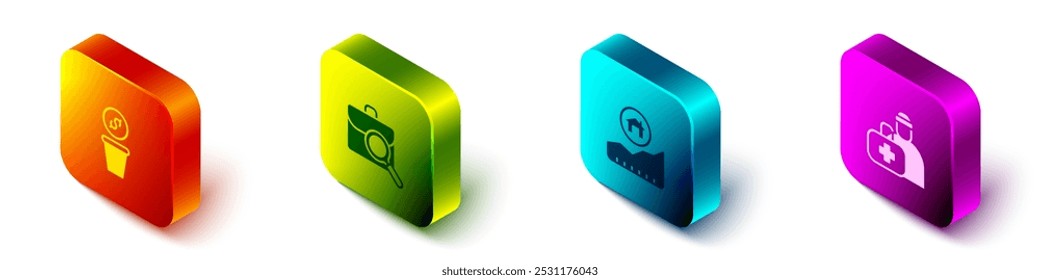 Establecer dinero de donación isométrica, búsqueda de trabajo, aumento del costo de la vivienda y el icono del kit de primeros auxilios. Vector