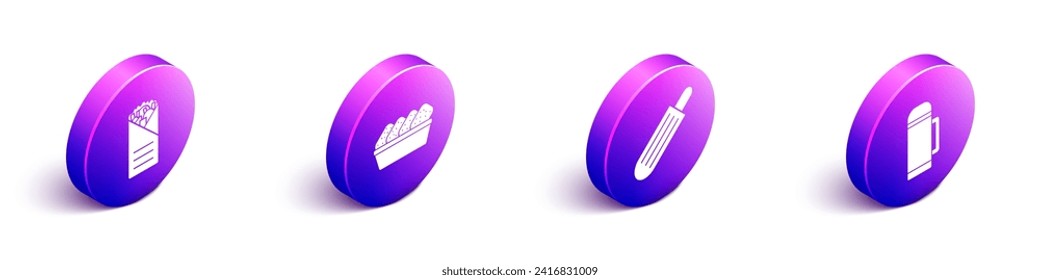 Set Isometric Doner kebab, Chicken nuggets in box, French hot dog and Thermos container icon. Vector