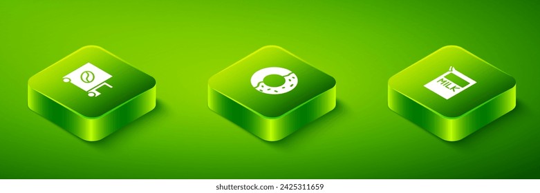 Set Isometric Donut with sweet glaze, Paper package for milk and Coffee street truck machine icon. Vector