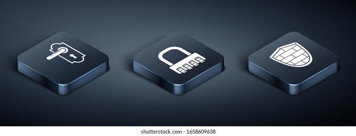 Isometrischer Türgriff , Schild mit Cyber-Sicherheitsziegelwand und Safe-Kombinationsschloss-Symbol. Vektorillustration