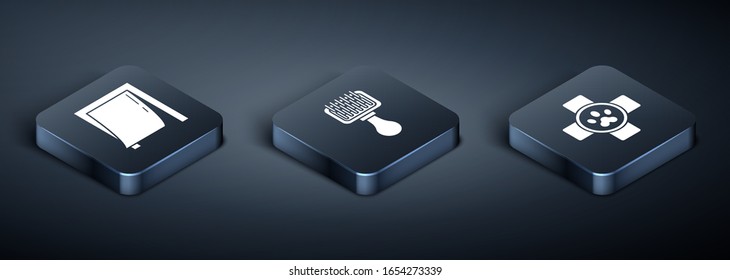 Set Isometric Door for pet, Veterinary clinic symbol and Hair brush for dog and cat icon. Vector