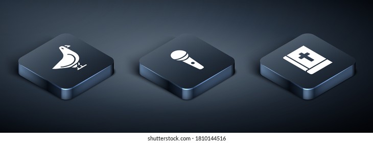 Set Isometric Dove, Holy bible book and Microphone icon. Vector