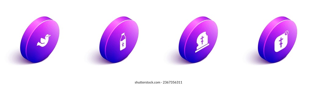 Set Isometric Dove, Holy water bottle, Grave with tombstone and Online church pastor preaching icon. Vector