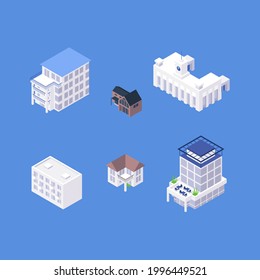 Set of isometric downtown objects. Organic flat city buildings collection. Apartment houses, cottages, railway station, office building