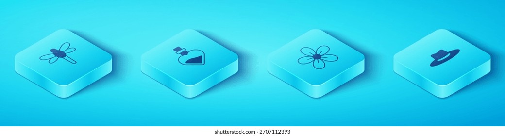 Set Isometric Dragonfly, Bottle with love potion, Gardener worker hat and Flower icon. Vector