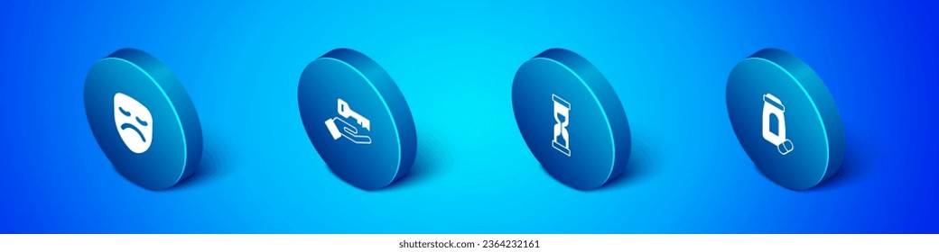 Set Isometric Drama theatrical mask, Old hourglass, Sedative pills and Solution to problem icon. Vector