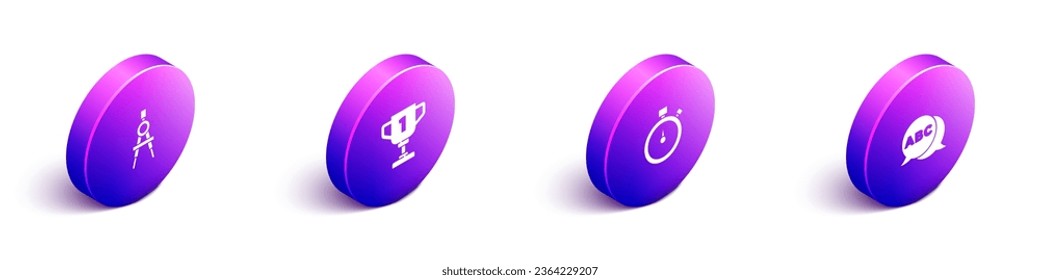 Set Isometric Drawing compass, Award cup, Stopwatch and Alphabet icon. Vector