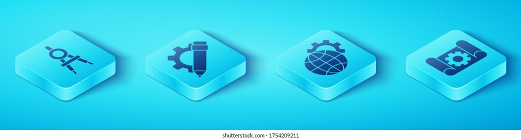 Ajuste la brújula de dibujo isométrica, el lápiz y el engranaje, el papel y el engranaje de gráficos y el icono de globo de la Tierra y el engranaje. Vector