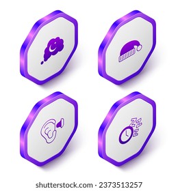 Set Isometric Dreams, Sleeping hat, Earplugs and ear and Alarm clock icon. Purple hexagon button. Vector