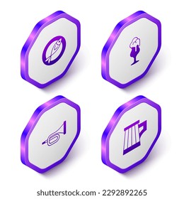 Set Isometric Dried fish, Glass of beer, Trumpet and Wooden mug icon. Purple hexagon button. Vector