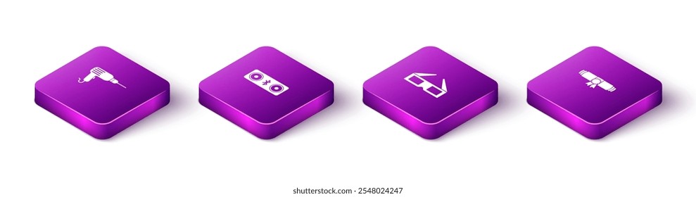 Set Isometric Drill machine, Bluetooth speakers, 3D cinema glasses and Diploma rolled scroll icon. Vector