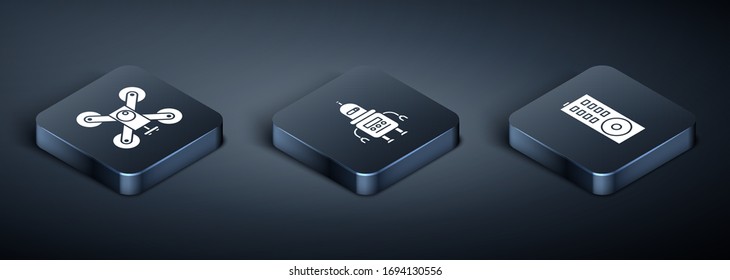 Set Isometric Drone flying with action camera, Remote control and Robot icon. Vector