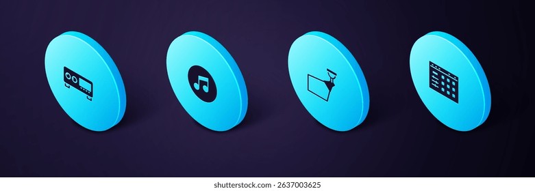 Set Isometric Drum machine, Movie spotlight, Music note, tone and Guitar amplifier icon. Vector