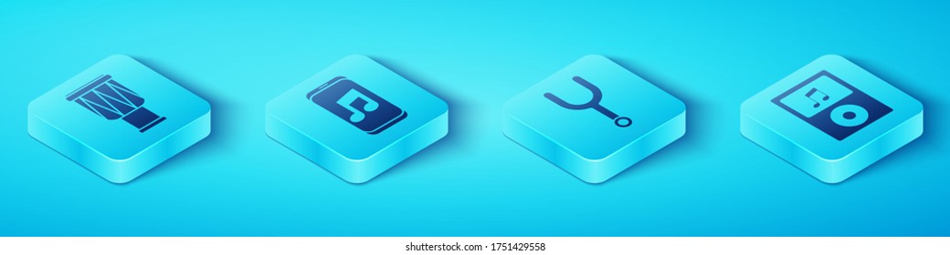 Set Isometric Drum, Music player, Music player and Musical tuning fork icon. Vector