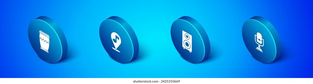 Set Isometric Drum, Stereo speaker, Microphone and Location musical note icon. Vector