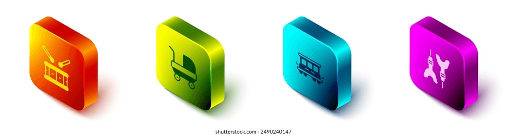 Set Isometric Drum with drum sticks, Baby stroller, Passenger train cars toy and Dart arrow icon. Vector