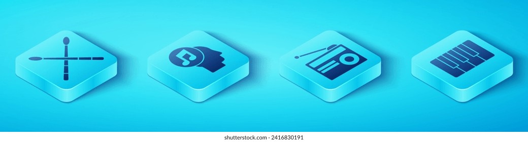 Set Isometric Drum sticks, Musical note in human head, Music synthesizer and Radio with antenna icon. Vector