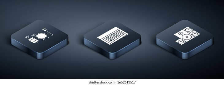 Ajuste tambores isométricos, altavoz estéreo e icono del sintetizador de música. Vector