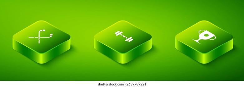 Set Isometric Dumbbell, Award cup and Ice hockey sticks icon. Vector