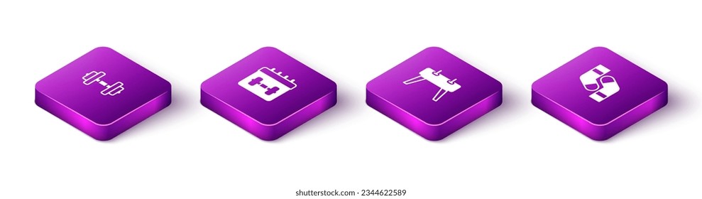 Set Isometric Dumbbell, Calendar fitness, Pommel horse and Socks icon. Vector