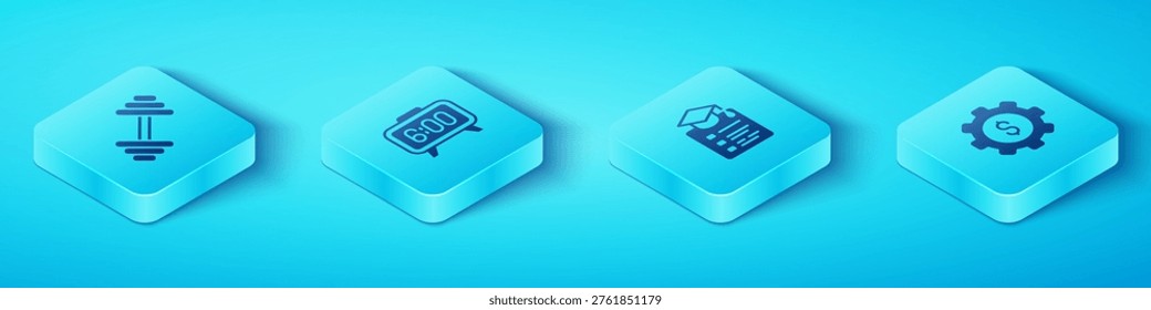 Set Isometric Dumbbell, Digital alarm clock, Gear with dollar and Online education icon. Vector