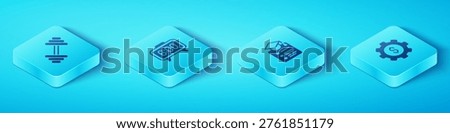 Set Isometric Dumbbell, Digital alarm clock, Gear with dollar and Online education icon. Vector