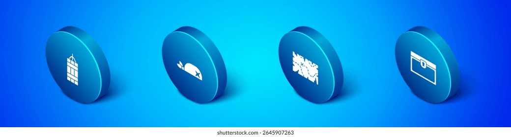 Set Isometric Dynamite bomb, Pirate treasure map, Antique chest and bandana for head icon. Vector