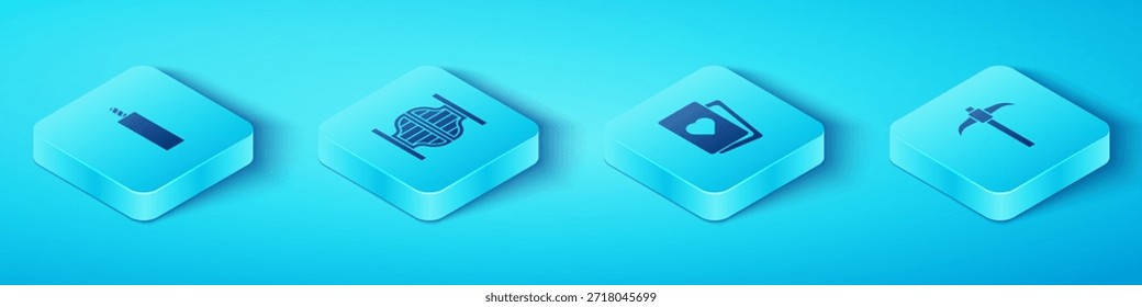Set Isometrische Dynamite Bombe, Salon Tür, Pickaxe und Deck der Spielkarten Symbol. Vektorgrafik