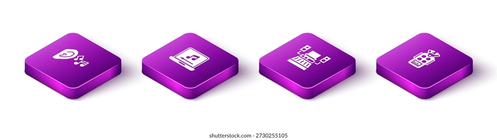 Conjunto de señal de sonido de escucha isométrica del oído, portátil con nota de música, estudio de grabación de música e icono de micrófono. Vector