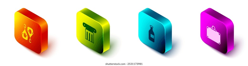 Set Isometric Earrings, Ancient column, Bottle of wine and Suitcase icon. Vector