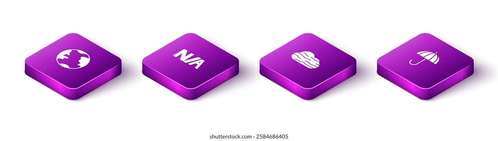 Set Isometric Earth globe, Not applicable, Fog and cloud and Umbrella icon. Vector