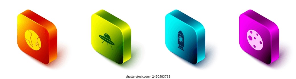Set Isometric Earth globe, UFO flying spaceship, Rocket and Planet Mars icon. Vector