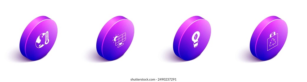 Set Isometric Earth melting to global warming, Solar energy panel, Light bulb with leaf and Shopping bag recycle icon. Vector