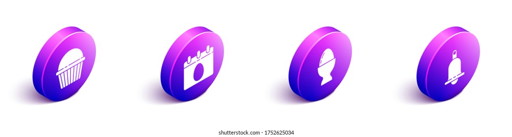 Set Isometric Easter cake, Calendar with Easter egg, Easter egg on a stand and Ringing bell icon. Vector