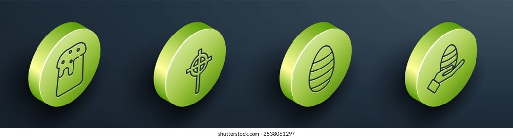 Set Isometric Easter cake, Christian cross, Easter egg and Human hand and easter egg icon. Vector