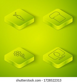 Set Isometric Easter cake, Flower, Speech bubble with easter egg and Carrot icon. Vector