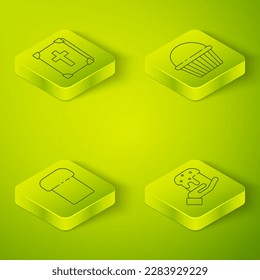 Set Isometrisches Osterkuchen, Osterkuchen, Menschliche Hand und Osterkuchen und Heilige Bibelbuch Symbol. Vektorgrafik