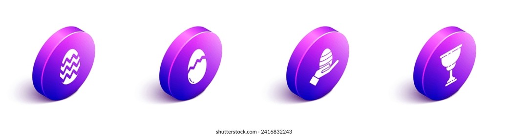 Set Isometric Easter egg, Broken egg, Human hand and easter egg and Christian chalice icon. Vector
