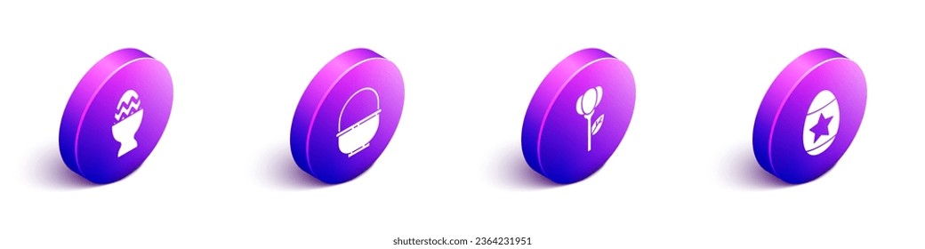 Set Isometric Easter egg on a stand, Basket, Flower tulip and Easter egg icon. Vector