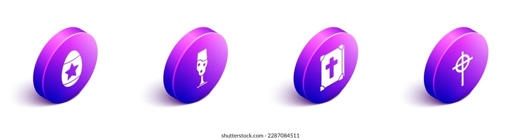 Set Isometric Easter egg, Wine glass, Holy bible book and Christian cross icon. Vector