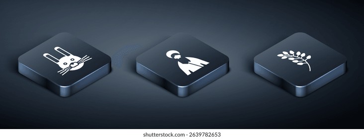 Set Isometric Easter rabbit, Willow leaf and Jesus Christ icon. Vector