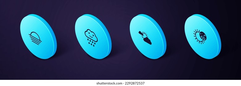 Set Isometric Eclipse of the sun, Sun and cloud weather, Cloud with rain and Sunset icon. Vector