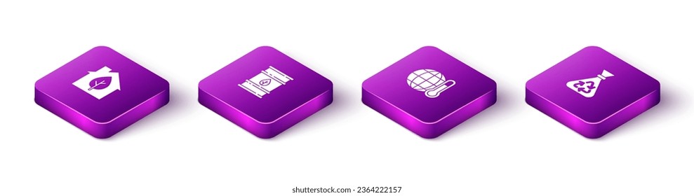 Establezca la casa amigable Isometric Eco, el barril de combustible Bio, Calentamiento global y la bolsa de basura con el icono de reciclaje. Vector