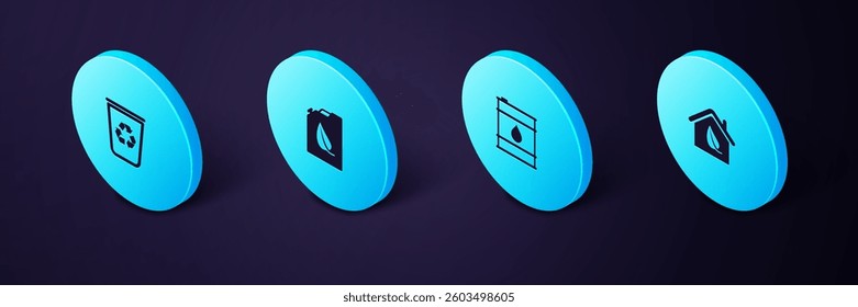 Set Isometric Eco friendly house, Oil barrel, Bio fuel canister and Recycle bin with recycle icon. Vector
